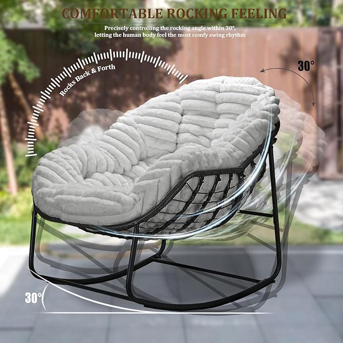 Outdoor Rocking Chair, Patio Wicker Egg Chair, Indoor Comfy Oversized Papasan Chair with Padded Cushion, Royal Rattan Rocker for Front Porch, Garden, Patio (Light Grey)