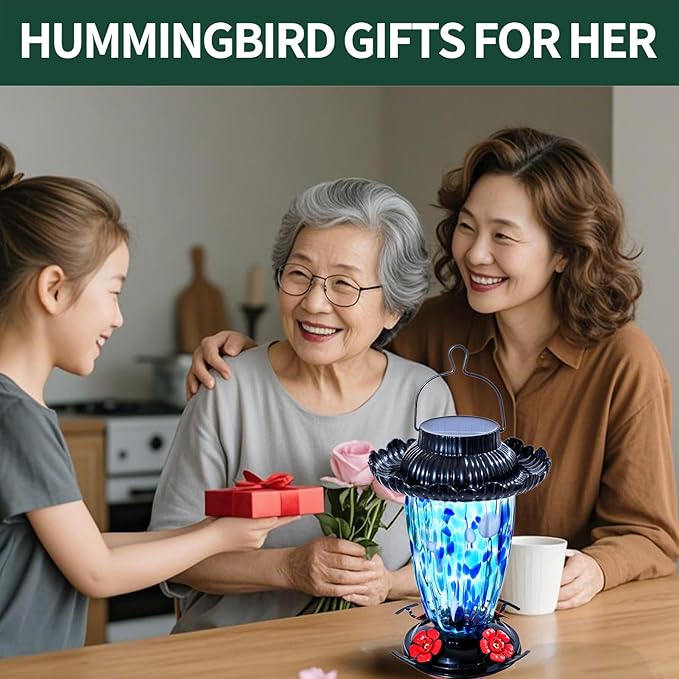 Muse Garden Solar Hummingbird Feeders for Outdoors Hanging, 38oz Hand Blown Glass Humming Bird Feeders for Garden Decor, Moms Birthday Unique, Blue