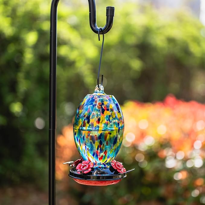 Muse Garden Glass Humming Bird Feeders for Outdoors - 27OZ Blown Glass Hummingbird Feeder - Unique Gift for Mom Women Grandparents, Outdoors Hanging Garden Decor, Ant Moat & Brush, Blue Polka Dots