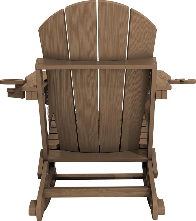 KINGYES Adirondack Rocking Chair Set of 2 with Retractable Ottoman and Cup Holders, HDPE Adirondack Rocker Patio Rocking Chair for Porch, Patio, Balcony, Brown