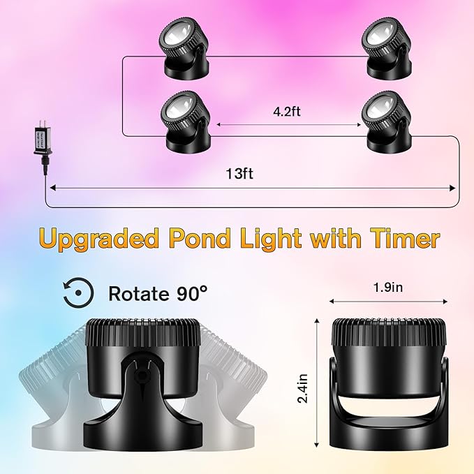 POPOSOAP Pond Lights, 4-in-1 Warm White Underwater Pond Lights, IP68 Waterproof LED Landscape Spotlights for for Pond, Garden, Patio, Fountain, Pool, Waterfall Decoration(4 Head Lamps)