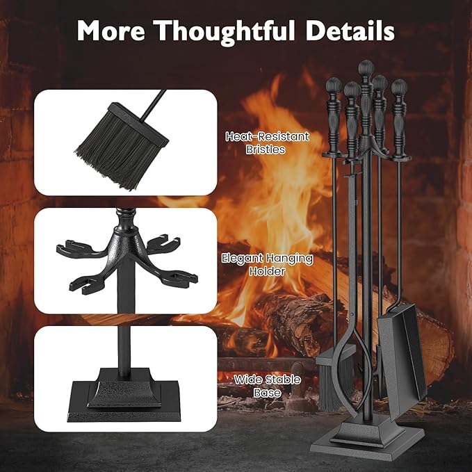 Tangkula 5-Pieces Fireplace Tool Set, 4-in-1 Indoor Outdoor Fire Place Set Tools with Poker, Tongs, Brush, Shovel and Square Stand, Metal Firepit Tool Set with Aluminum Handles, Black