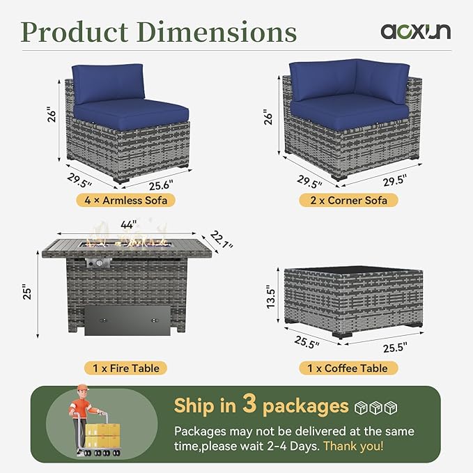Aoxun 8 Piece Patio Furniture Set with 40'' Fire Pit Table Wicker Rattan Patio Conversation Set Outdoor Sectional Sofa Set with Coffee Table, Grey/Blue(Waterproof Cover Included)
