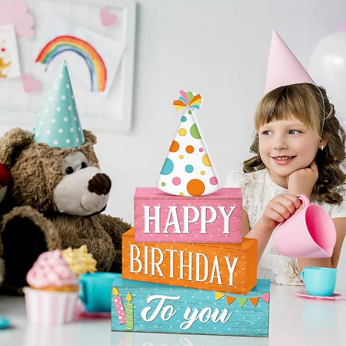 4 Pcs Birthday Table Decor Happy Birthday Wooden Sign Blocks Farmhouse Colorful Tiered Tray Decor Rustic Tabletop Centerpieces for Home Office Desk Shelf Mantel Party Decoration Supplies