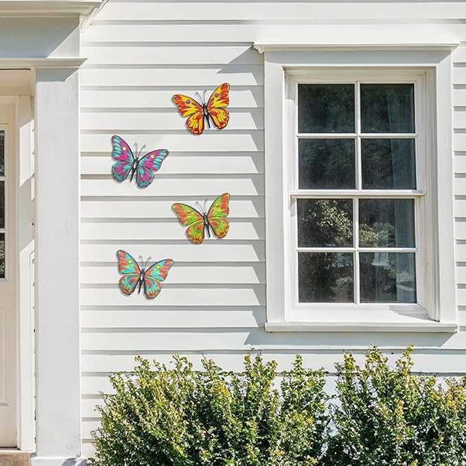 Daogtc Metal Butterfly Wall Decor - 9.6" Outdoor Fence Wall Art Decor, Hanging Decorations for Garden Yard Living Room Bedroom Patio Balcony,Gift for Family Friends(4 Pack)
