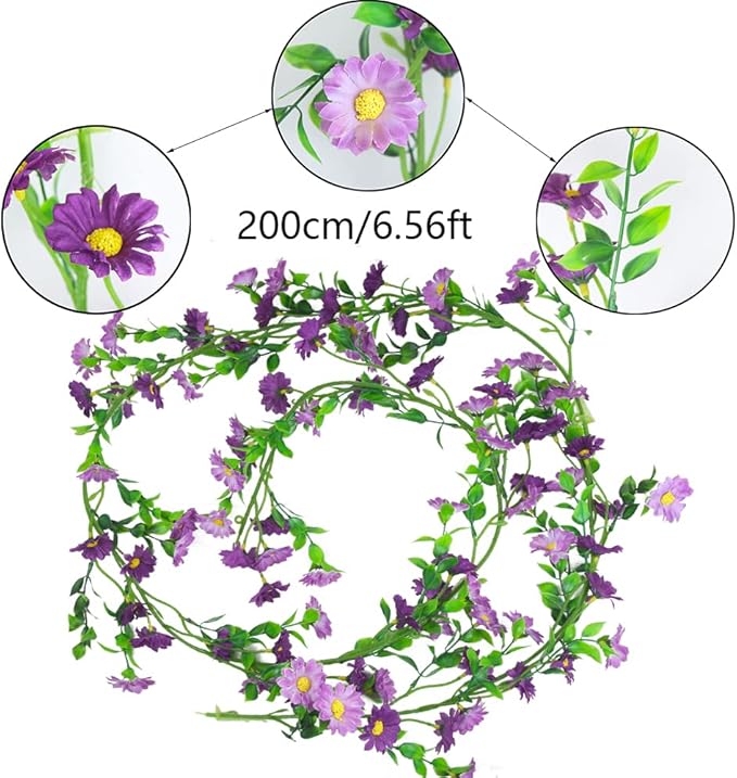 CISDUEO Silk Daisy Flower Garland - Purple Artificial Flower Vine, Hanging Ivy Garland for Wall, Party, Wedding Arch, Floral Decor, Home Indoor/Outdoor Ceremony
