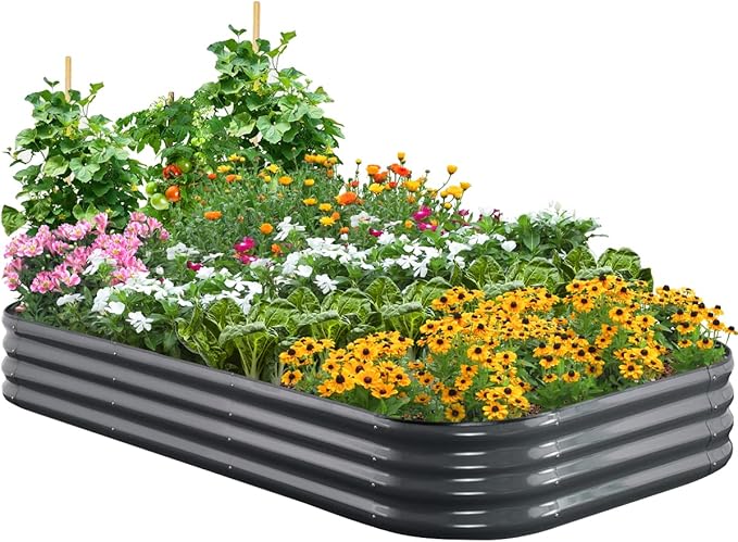 Quictent Galvanized Raised Garden Bed Kit, 8x4x1 ft Oval Metal Planter Box for Vegetables, Rubber Strip Edging Included (Dark Gray) 2pcs