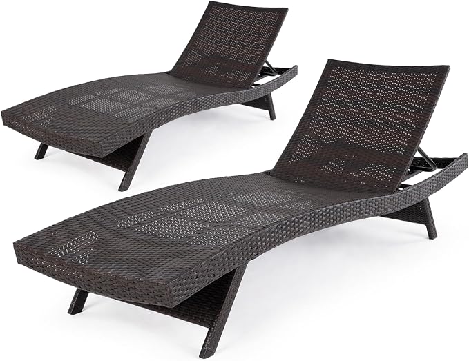 IDZO Katalina Chaise Lounge Set of 2-500lbs Support, UV Wicker, Ergonomic Wave Design, Reclining Backrest, Patio Furniture Set, Multi-Brown