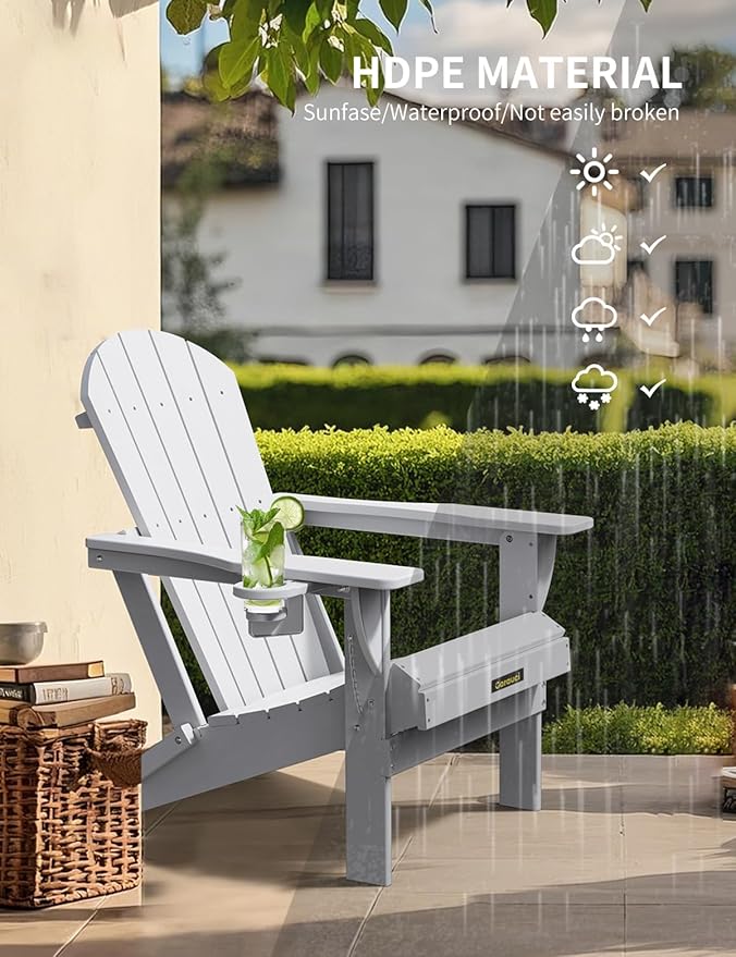 Carauci Plastic HDPE Adirondack Chair, Folding Adirondack Chair Weather Resistant with Cup Holder, Wooden Textured Fire Pit Outdoor Chair for Garden, Porch, Lawn, Backyard, Supports 380LBS, White