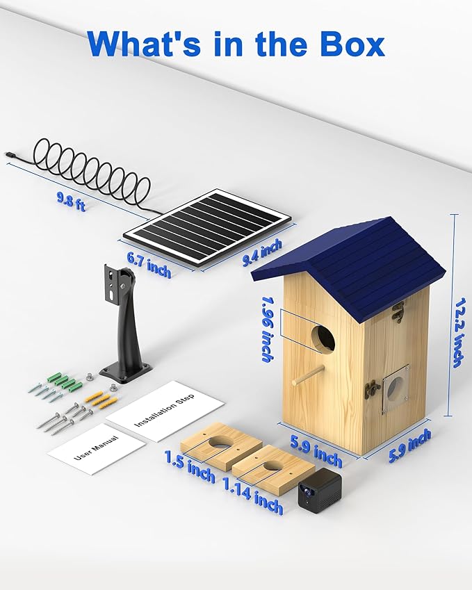 KinetCam Bird House with Camera Solar Powered, 2K HD Wi-Fi Bird Watching Cam for Birdhouse, Auto Detect & Notify, Night Vision, APP Control, Wooden Birdhouse with Camera Inside(Blue)