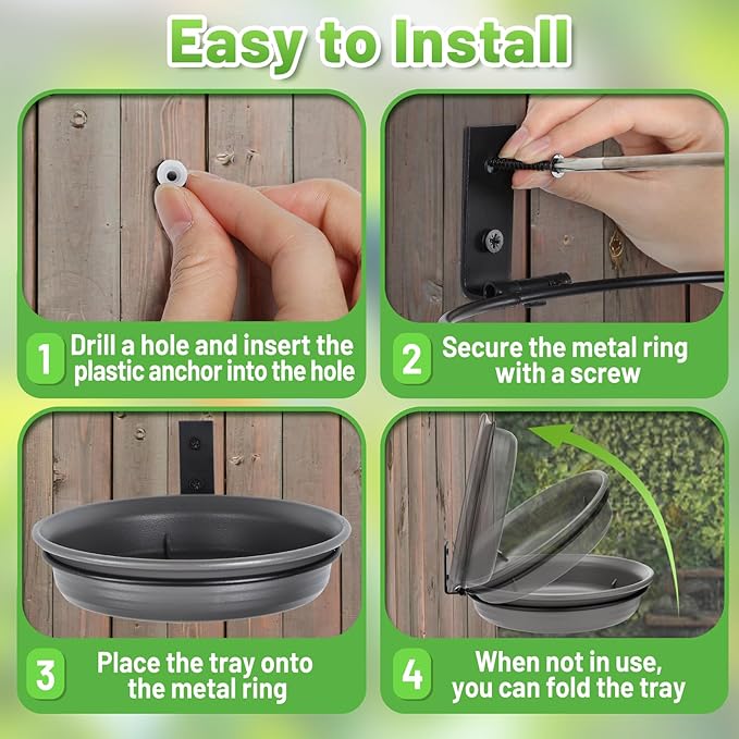 Fence Bird Feeders Tray - Tree Mounted Wild Bird Bath for Outdoors Place Food Water, Installed on Deck Wall Stakes with Heavy Duty Iron Ring, 8.3'' Dia. (Grey)