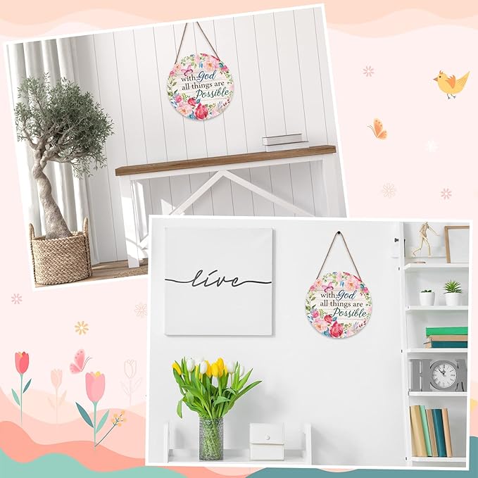 Spring Welcome Wreaths Sign Farmhouse Spring Door Hanger with God all Things are Possible Wall Sign Inspirational Hanging Decorations Religious Faith Decor Summer Flower Butterfly for Front Door