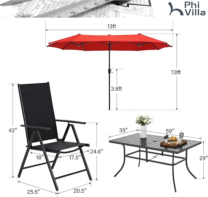PHI VILLA Outdoor Patio Dining Set with Umbrella for 6, Large Rectangle Patio Table and Chairs Set with 6 Adjustable Folding Patio Sling Chairs(Black) & Red Patio Umbrella for Outside, Deck and Yard