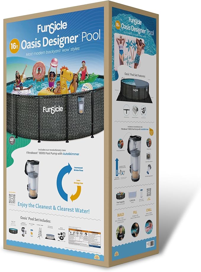 Funsicle Oasis Designer 16' x 48" Round Above Ground Swimming Pool, With FiltraBoost 1800 GPH Filter Pump With AutoSkimmer, Pump, Ladder, Deluxe Maintenance Kit, Cover & Ground Cloth, Dark Herringbone
