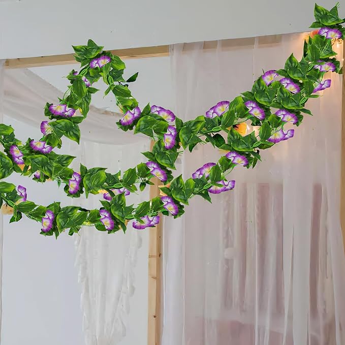 CISDUEO 2 Pcs Artificial Vines Silk Morning Glory Vines for Outdoor 15Feet Hanging Plants Garland Purple Fake Green Plant Morning Glories for Home Decor Wall Fence Stairway Wedding Hanging Baskets