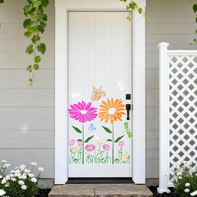 6Pcs Large Flower Stencils for Painting on Walls 16 x 12 Inch Giant Reusable Wall Stencil for Wood Fence Garden Crafts Wildflower Stencils Sunflower Paint Templates Outdoor DIY Wall Art Decor