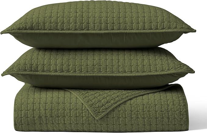 Wonderful Cotton Blended Jersey Knit King Quilt, Stitch Bedding Heather Olive Green Quilt with 2 Pillow Shams, Cloud Cloverlet, Soft Bedspread All-Season Use 104"x94"