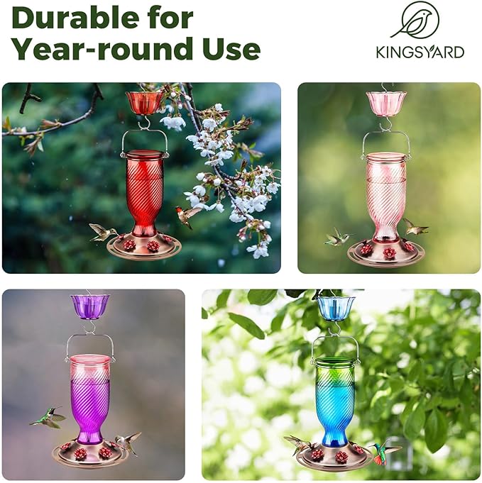 Kingsyard Glass Hummingbird Feeders for Outdoors, 24 oz Hummingbird Nectar Feeder for Outdoors Garden Yard D�cor, 6 Feeding Ports, Ant Moat Included, Easy to Clean & Refill, Purple