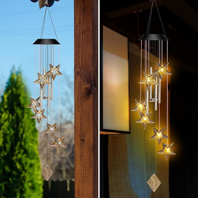Solar Wind Chimes for Outside Waterproof Hanging Wind Chimes Lights Outdoor Decor Yard Garden Gifts for Mother Mom Grandma Wife Neighbors(Star,Warm Colored Lights)