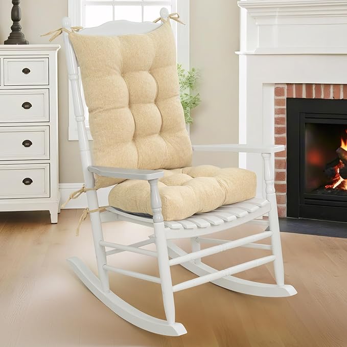 Lokex Rocking Chair Cushion 4 Inch Extra Thick, Cushions for Rocking Chairs Set of Seat and Back with Ties, Linen Fabric Indoor Outdoor Rocker, 17x21 & 17x17 Inches (Beige)