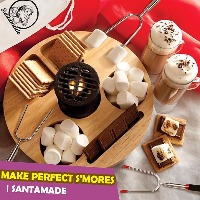 Marshmallow Roasting Sticks Set of 5 -Telescoping Long Smores Sticks for Fire Pit, Hot Dog Sticks for Campfire Grill Bonfire Party Supplies -With Santa Storage Sack