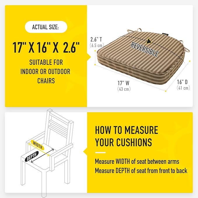SUNROX Gel Memory Foam Chair Cushions, FadeShield Water-, Stain-Resistant Durable Reversible Seat Cushion Pads with Ties for Indoor/Outdoor Kitchen Dining Office 17"x16" Set of 4, Cocoa Stripe