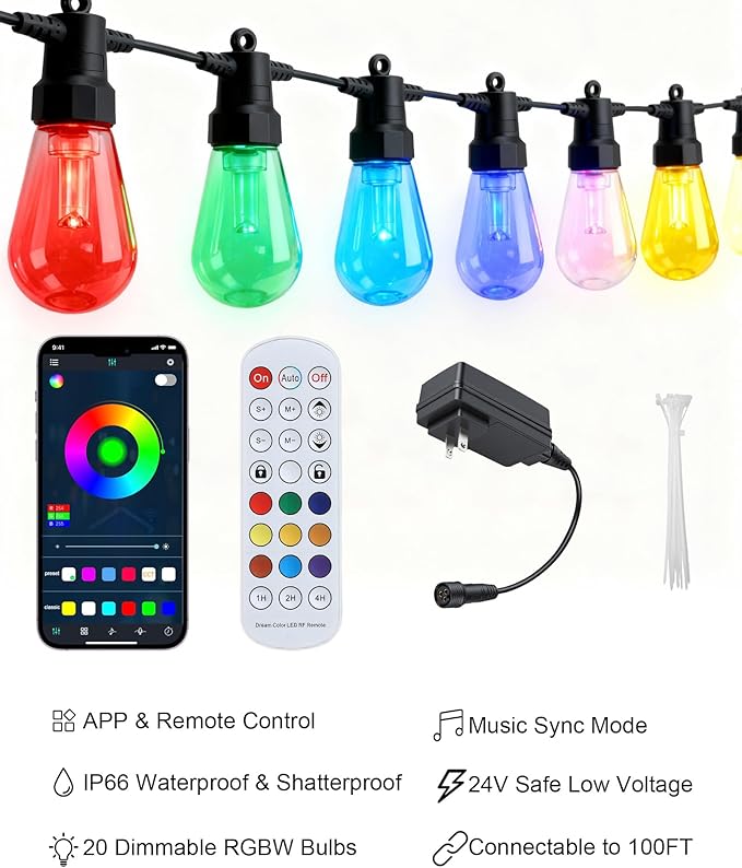Smart Outdoor String Lights, 100FT (50FT*2) RGB Color Changing Patio Lights with Timer, 21-Key RF Remote and Bluetooth, IP65 Waterproof Shatterproof LED Lights for Backyard Balcony Garden Party Decor