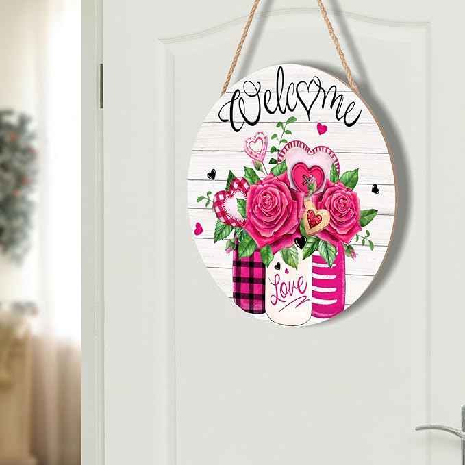 Welcome Valentine's Day Rose Flower Door Sign For Front Door Decor,Mason Jar Pink Love Heart Wooden Sign 12"x 12" Round Wood Hanging Door Sign Anniversary Wedding Decoration for Wall Rustic Decor