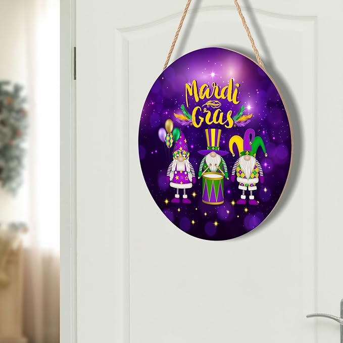 Happy Mardi Gras Door Sign For Front Door Decor,Purple Masquerade Gnomes Wooden Sign 12"x 12" Round Wood Hanging Door Sign Carnival Party Decoration for Wall Rustic Farmhouse Decor