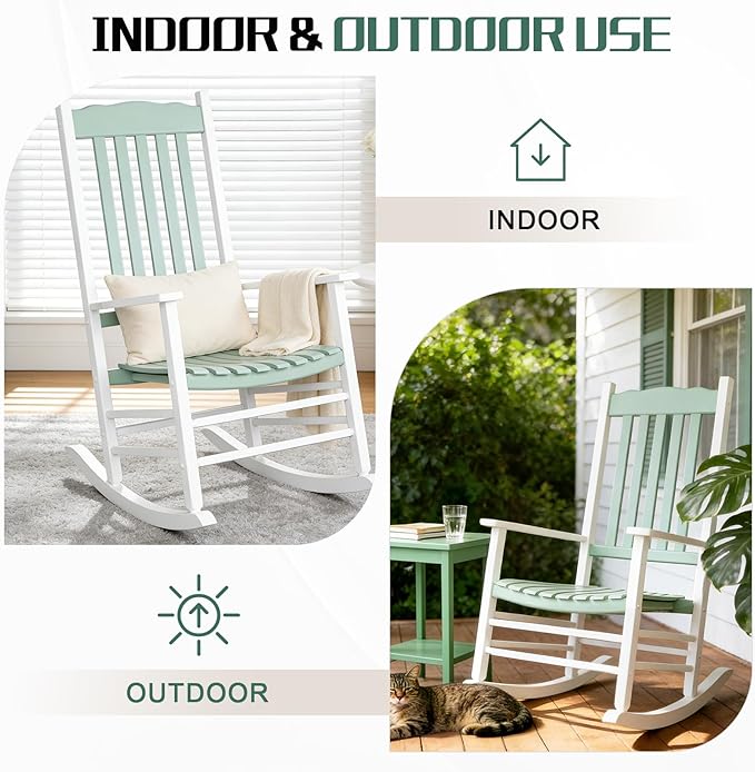 Outvita Outdoor Rocking Chair, Solid Wood High Back Rocker, All Weather Lounge Chair for Porch Patio Fire Pit Garden Backyard Deck Indoor, Wave Shape, White & Green