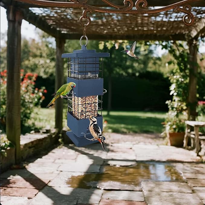 Squirrel Proof Bird Feeder for Outdoors Hanging,3Lbs Metal Birdfeeders Squirrel Proof with 4 Feeding Ports for Outside, Birdseed Feeder for Cardinal, Finch, Sparrow,Bluejay (Blue)