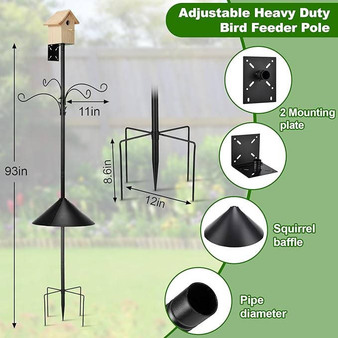 Bird Feeder Pole - 93 Inch Heavy Duty Birdhouse Pole with Squirrel Proof Baffle and 4 Hooks, Blue