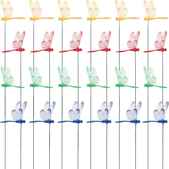 VGOODALL 24PCS Dragonfly Garden Stakes, Plastic Garden Decorations 4 Colors Dragonfly Ornaments for Indoor Outdoor Yard