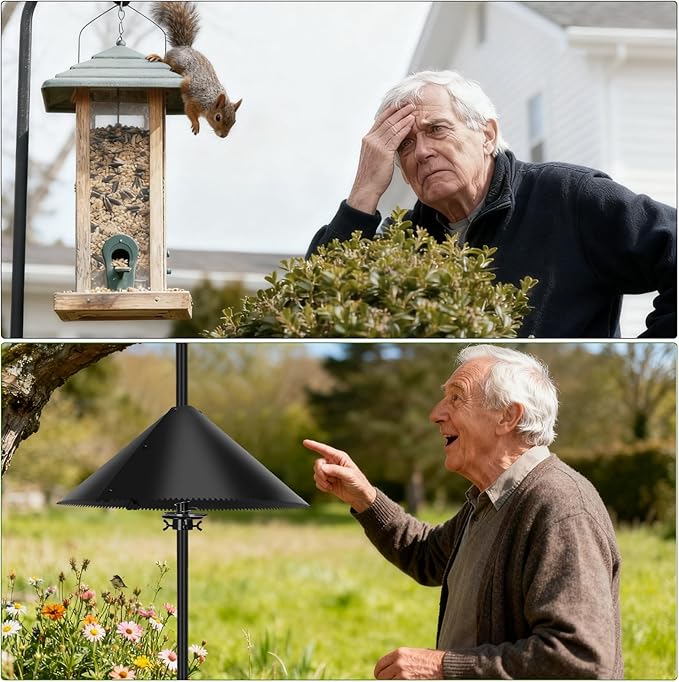 Squirrel Baffle for Bird Feeder Pole, Squirrel Guard with Mounting Bracket, Spring-Supported and Spiked Edge, for 1x1 Post, 19-Inch, Black