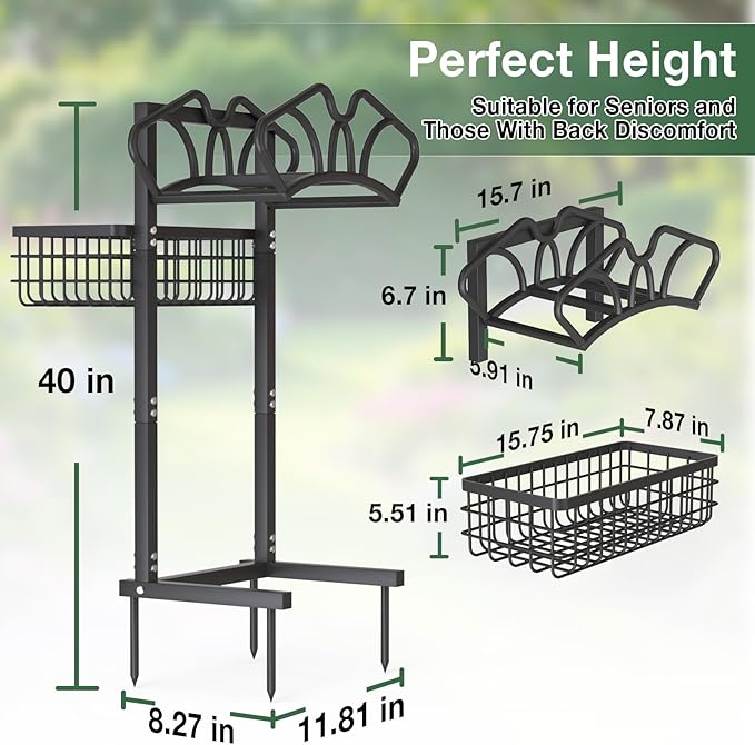 Upgraded Garden Hose Holder with Large Basket, Heavy Duty Water Hose Holder Supports 160-ft Hoses, Freestanding Detachable Hose Stand Storage Reel Hanger Rack for Yard Lawn Farm
