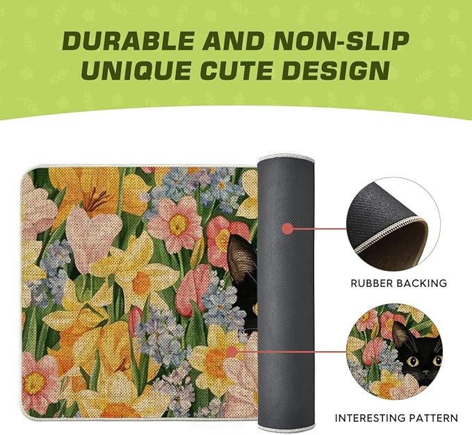 Artoid Mode Black Cat Floral Flowers Spring Doormat,Home Decor Door Mat Low-Profile Switch Rug Floor Mat for Indoor Outdoor 17x29 Inch