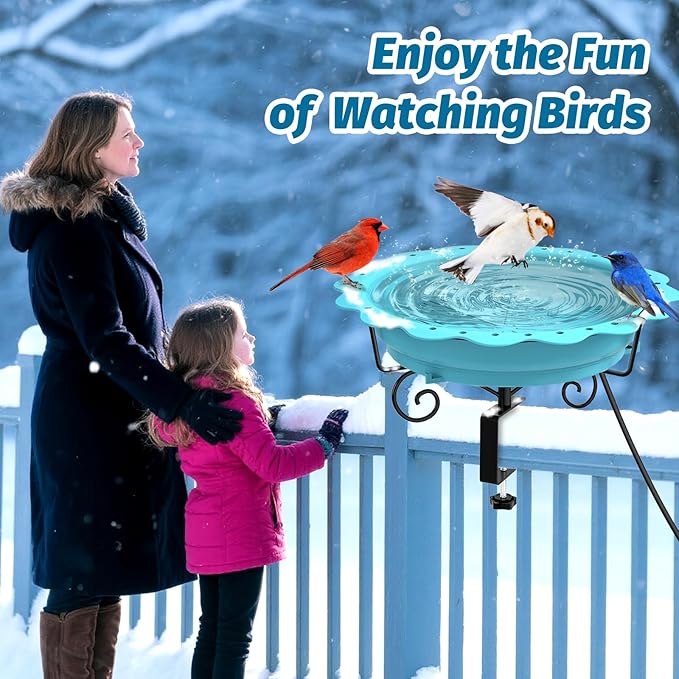 Heated Bird Bath for Deck Railing, Powerful 100W Thermostatically Controlled Heated Bird Baths for Outdoors for Winter, Heated Birdbath Water Heater for Outside Garden Yard Patio Lawn (Blue)