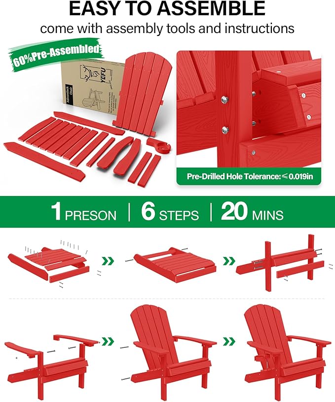 YEFU Adirondack Chairs Set of 4: Outdoor Chair HIPS Plastic Adirondack Chairs - Patio Chairs with Wood Texture - Lawn Fire Pit Deck Porch Garden Chairs for Adults (Red)