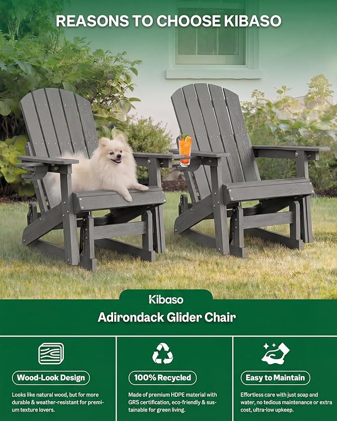 3-Position Adjustable Adirondack Chair with Cup Holder Set of 2, HDPE All-Weather Outdoor Glider Chair, Wood-Grain Fire Pit Chairs for Pool, Yard, Deck (Grey)