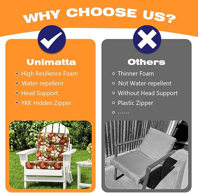 Outdoor High Back Chair Cushion Seat Pads, 44 x 21 Inch Water-Repellent & Fade-Resistant Patio Furniture Cushions with Ties for Adirondack, Rocking Chairs, Red Floral