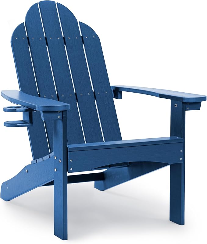 LUE BONA HDPS Adirondack Chairs Set of 2, Fire Pit Outdoor Chair Weather Resistant with Cup Holder, Modern Plastic Chair Plastic for Patio, Deck, Proch, 350LBS, Navy Blue