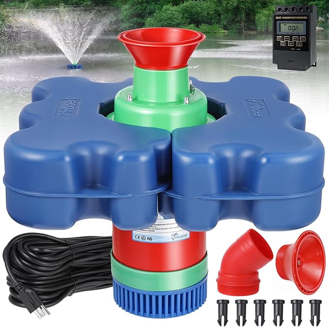 Pond Fountain Aerator with Time Controller-15000 GPH,110V 1HP 750W Floating Fountain Aeration System for Large Ponds,Aerating Fountain Pump for Outdoor Ponds & Lakes with 15A/100FT Power Cord