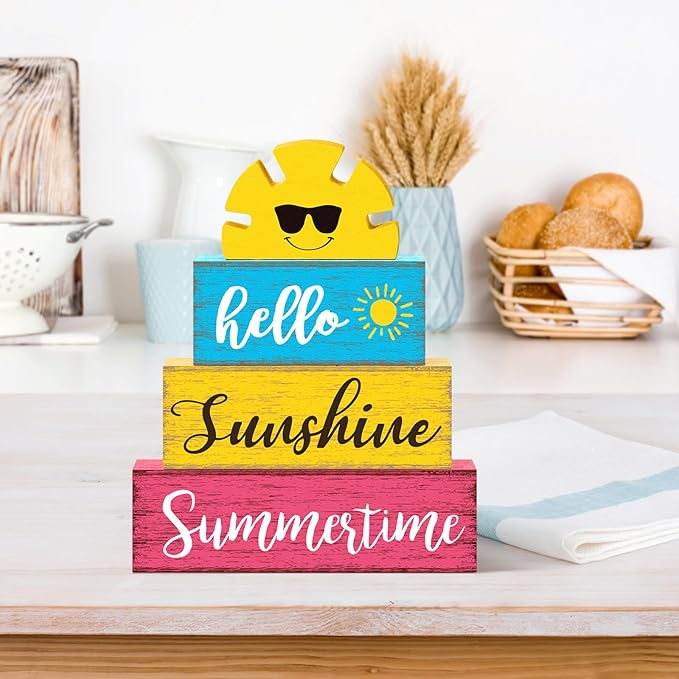 Summer Table Decor Hello Sunshine Wooden Block Sign Farmhouse Summertime Beach Tiered Tray Decor Rustic Table Centerpieces Summer Decorations for Home Desk Shelf Mantle Office Decorations