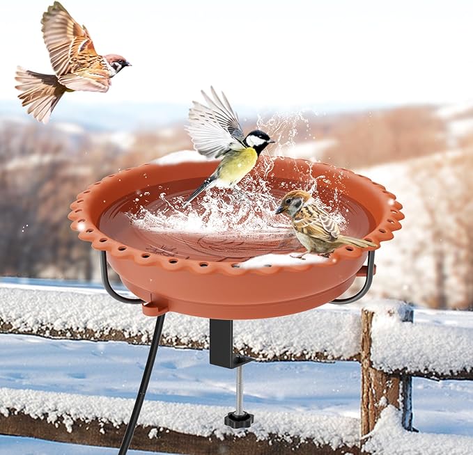 Heated Bird Bath for Outdoors, Upgraded 100W Thermostatically Controlled Heated Bird Baths for Deck Railing Large Capacity Heated Birdbath for Outside Winter Garden Yard Patio Lawn (Brown)