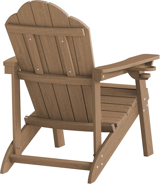 LUE BONA Wood-Grain HDPE Adirondack Chairs Set of 4 - Weather Resistant Seating with Cup Holder for Patio, Fire Pit, Deck & Vacation Rental, Brown