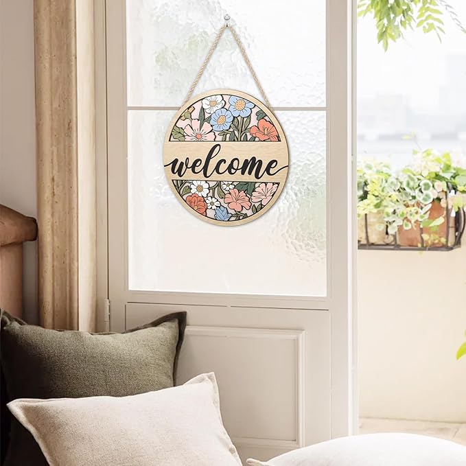 HOURIA 3D Vintage Welcome Front Door Sign(11.4”x11.4”),Boho Daisy Flower Wooden Door Wreath,Rustic Spring Summer Floral Wall Hanging Decor for Farmhouse Porch Home Indoor Office
