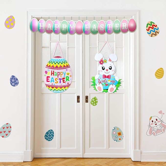 Jetec 2 Pieces Easter Door Decorations Glitter Happy Easter Egg Hunt Wooden Hanger Easter Egg Bunny Hanging Door Wall Welcome Sign for Home Indoor Outdoor Easter Decor Supplies