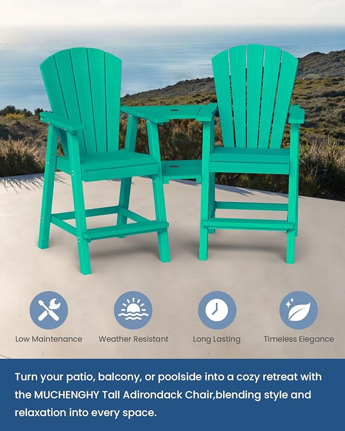 Ciokea Tall Adirondack Chairs Set of 4, HDPE Outdoor Adirondack Bar Stools with Double Connecting Tray, Weather Resistant High Back Adirondack Balcony Chairs for Deck, Lawn, Pool, Backyard, Lake Blue