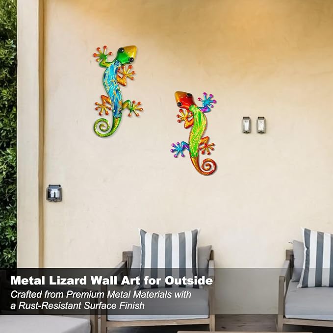 POXOHO Metal Lizard Wall Art Decor - 15 Inch Gecko Outdoor Decor Hanging Glass Sculpture Decoration for Patio Garden Fence(2 Pack) is an ideal Gift for a Father, Mother, and Grandmother