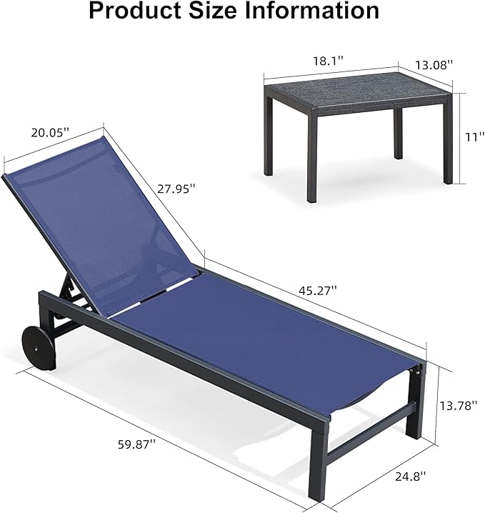 PURPLE LEAF Outdoor Chaise Lounge with Wheels for Outside 2 Pieces Aluminum Patio Lounge Chair with 5 Adjustable Position for Outdoor Beach Yard Pool Side Table Included Navy Blue